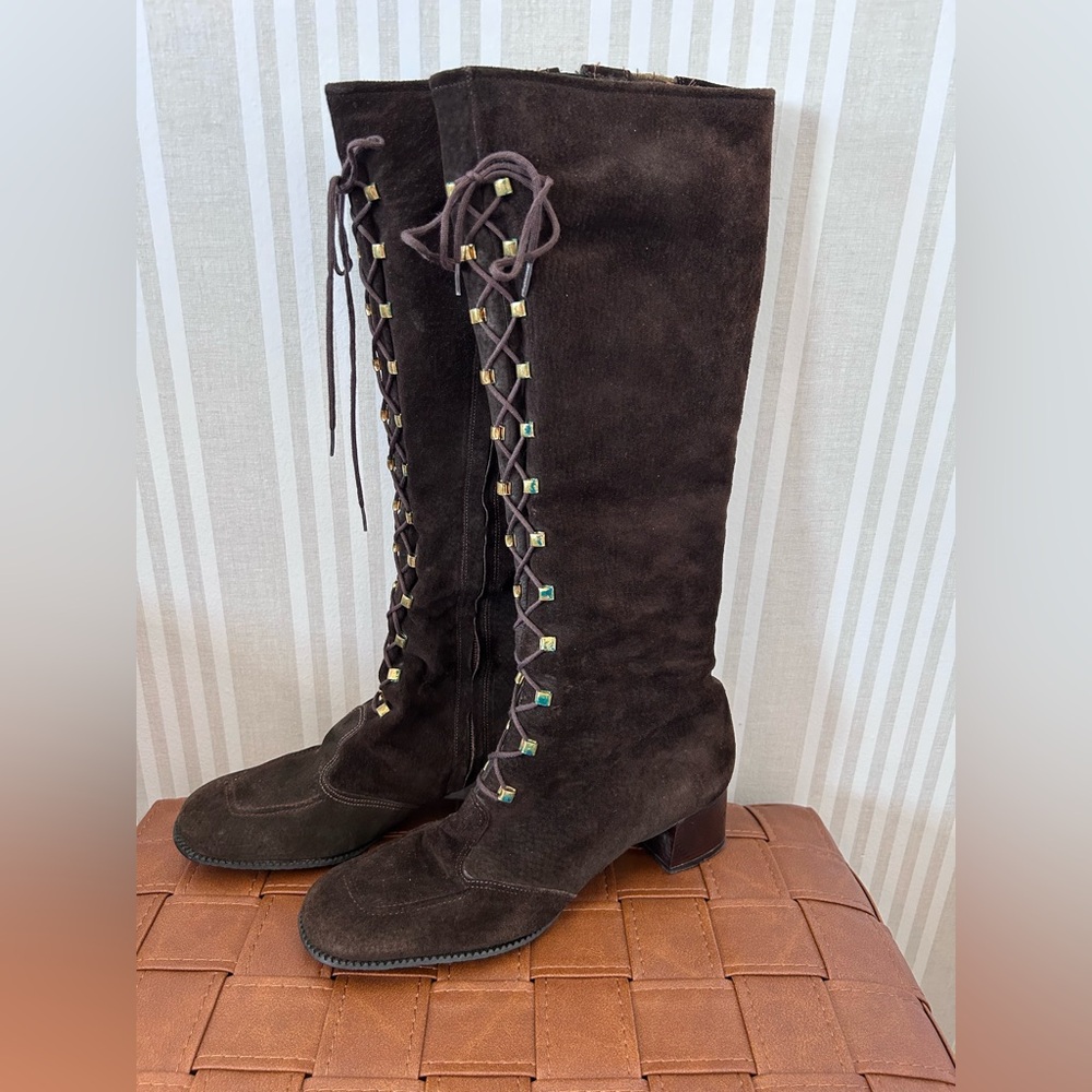 Women's Lace-Up Suede Knee-High Boots - Dark Brown